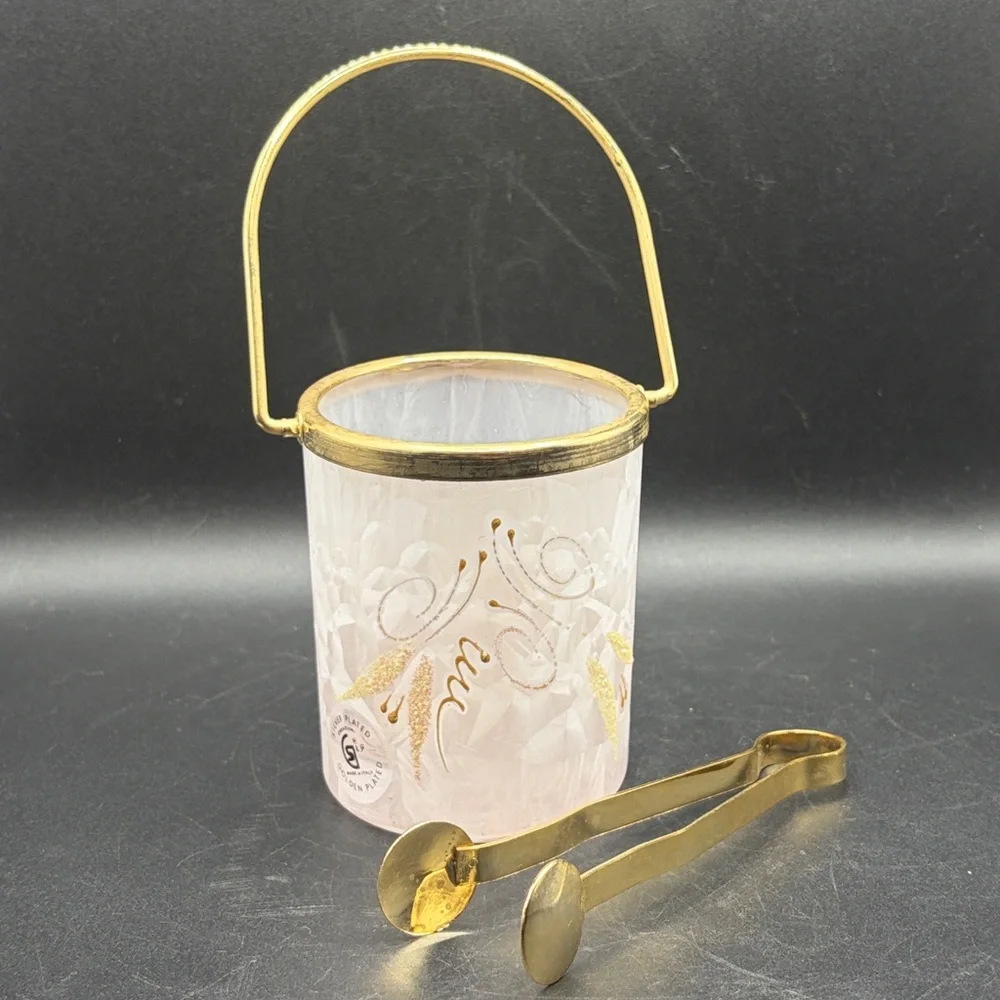Vintage Creazioni Italy Personal Hand Painted Frosted Floral Ice Bucket w Tongs